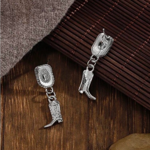 Silver Western Cowboy Boots & Hat Boho Earrings - Picture 2 of 3